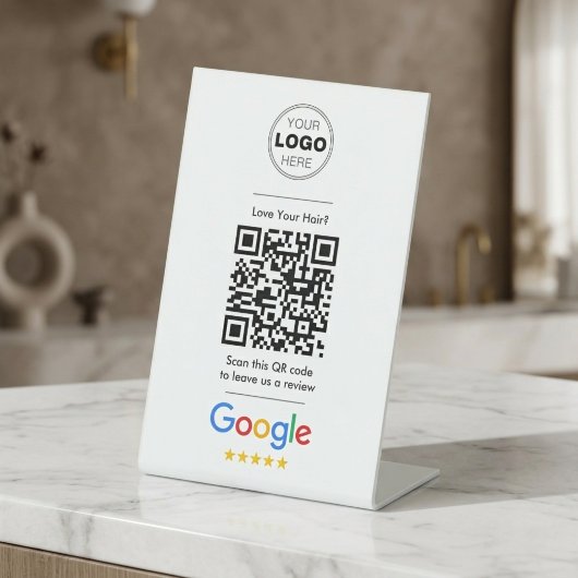 ミニマルなホワイトヘアサロン GoogleレビューQRコード 台座サイン