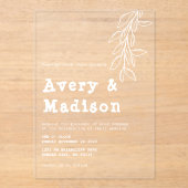 ミニマルなホワイトボタニカルタイプライター結婚ズ アクリル招待状 (正面)