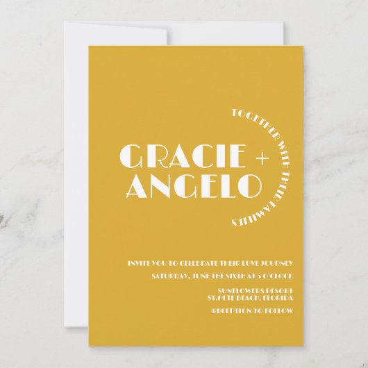 ミニマルなマスタードブルー消音結婚の音 招待状 (正面)