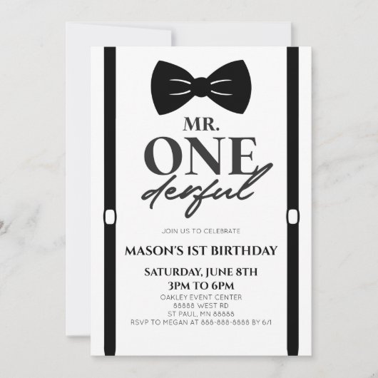 ミニマルなミスター・ワンダーフル・ボウタイ1st誕生日パーティー 招待状 (正面)