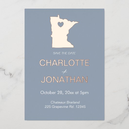 ミニマルなミネソタ州デスティネーションウェディング 箔招待状 (正面)