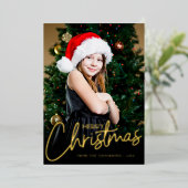 ミニマルなメリークリスマススクリプトの写真 箔シーズンカード (立ち正面)