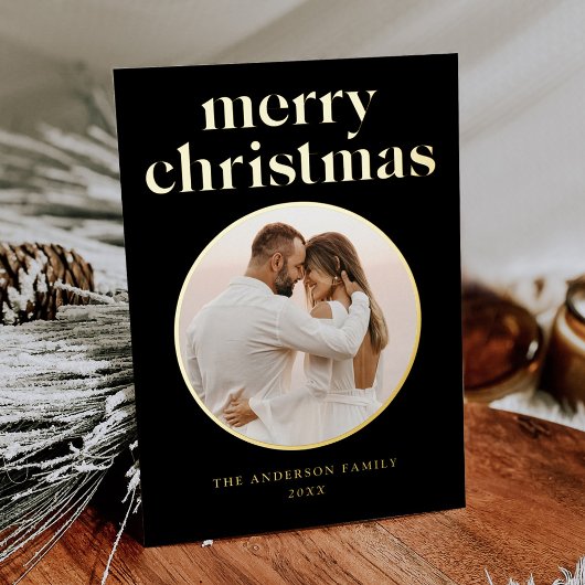 ミニマルなメリークリスマスフォトブラック&金ゴールド 箔シーズンカード