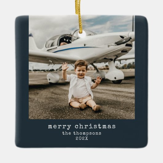 ミニマルなメリークリスマスフォト セラミックオーナメント (正面)