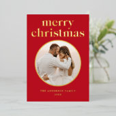 ミニマルなメリークリスマスレッド写真 箔シーズンカード (立ち正面)