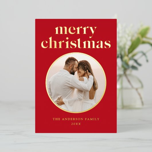 ミニマルなメリークリスマスレッド写真 箔シーズンカード (立ち正面)
