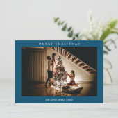 ミニマルなメリークリスマス海軍ブルー写真 シーズンカード (スタンド正面)