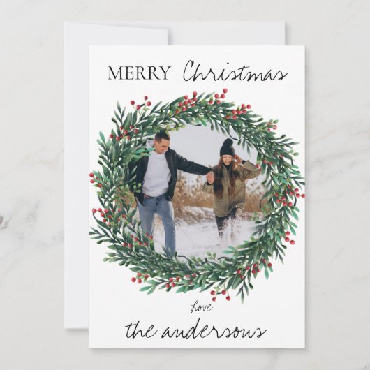 ミニマルなメリークリスマス葉リース写真 シーズンカード (正面)