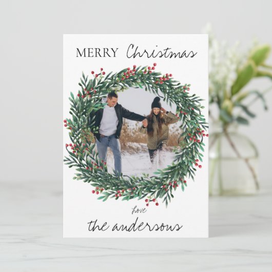 ミニマルなメリークリスマス葉リース写真 シーズンカード (スタンド正面)