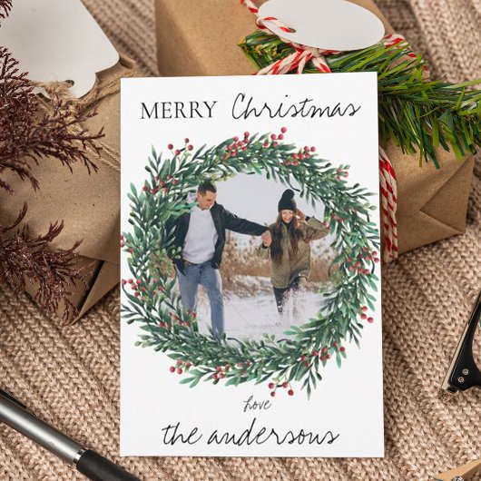 ミニマルなメリークリスマス葉リース写真 シーズンカード