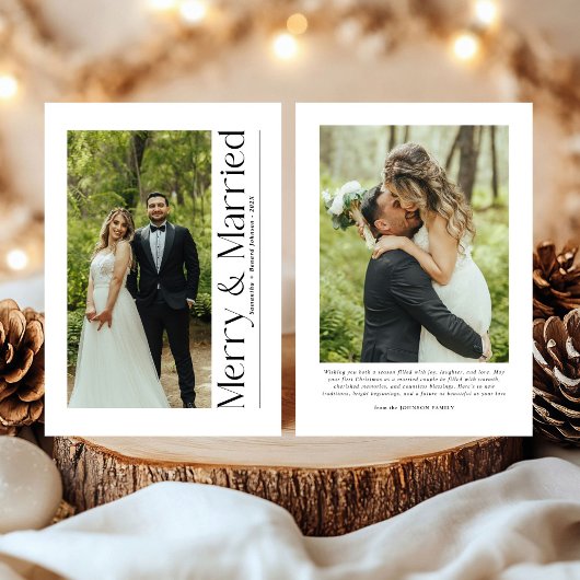 ミニマルなメリー&マリッジクリスマス 写真 新婚夫婦 シーズンカード