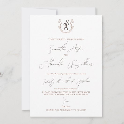 ミニマルなモカ名門私立校風のムース書結婚道 招待状 (正面)