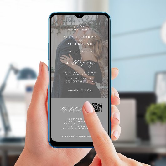 ミニマルなモダン写真ウェディングの詳細がすべて1つに 招待状