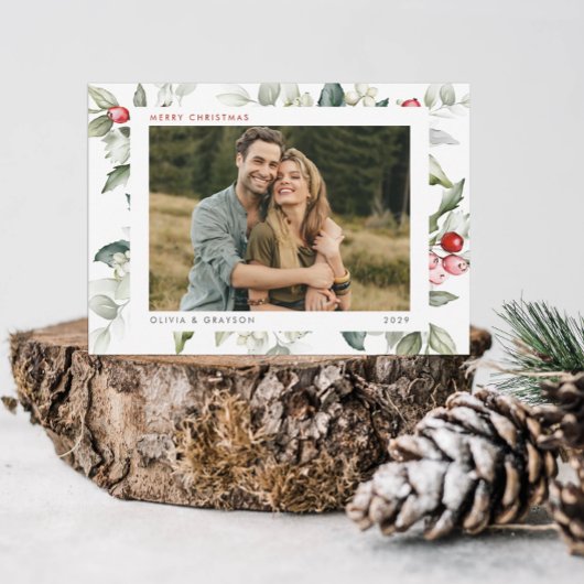 ミニマルなモダン水彩ホリデーホリー写真 シーズンカード