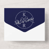 ミニマルなモノグラムのネイビー結婚ブルー オールインワン招待状 (裏面)