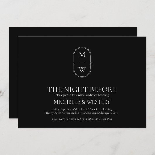 ミニマルなモノグラムの結婚式リハーサルディナー 招待状 (正面/裏面)