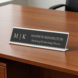 ミニマルなモノグラムまたはロゴの追加ビジネスブラック デスクネームプレート
