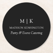ミニマルなモノグラムまたはロゴの追加ビジネスブラック ラウンドペーパーコースター (正面)