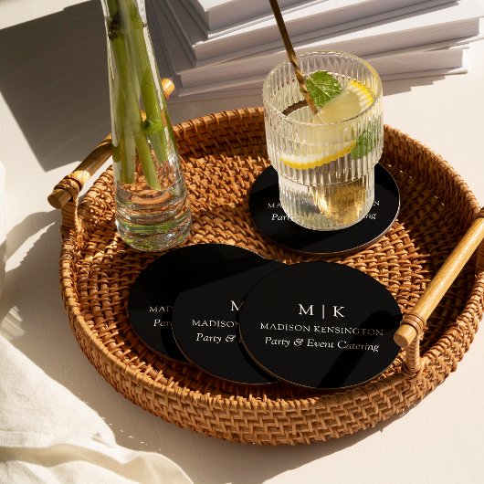 ミニマルなモノグラムまたはロゴの追加ビジネスブラック ラウンドペーパーコースター