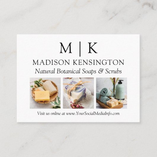 ミニマルなモノグラムまたはロゴの追加ビジネス3枚の写真 名刺 (正面)