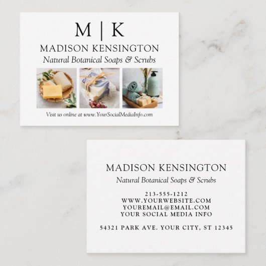 ミニマルなモノグラムまたはロゴの追加ビジネス3枚の写真 名刺 (正面/裏面)