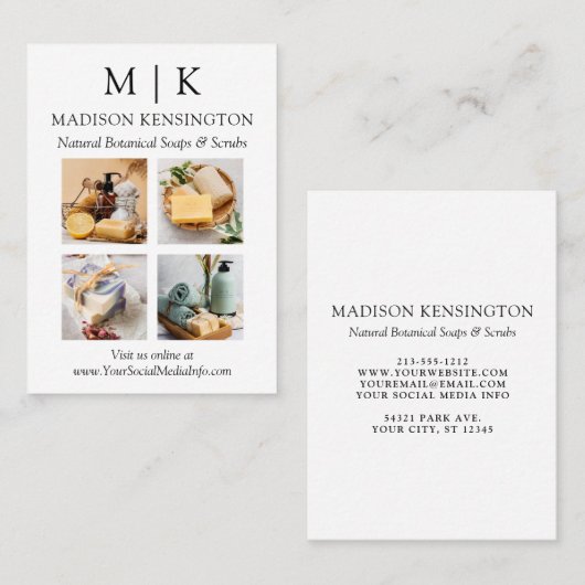 ミニマルなモノグラムまたはロゴの追加ビジネス4枚の写真 名刺 (正面/裏面)