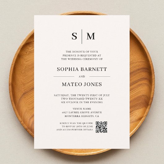 ミニマルなモノグラムアイボリー写真結婚QRコード 招待状