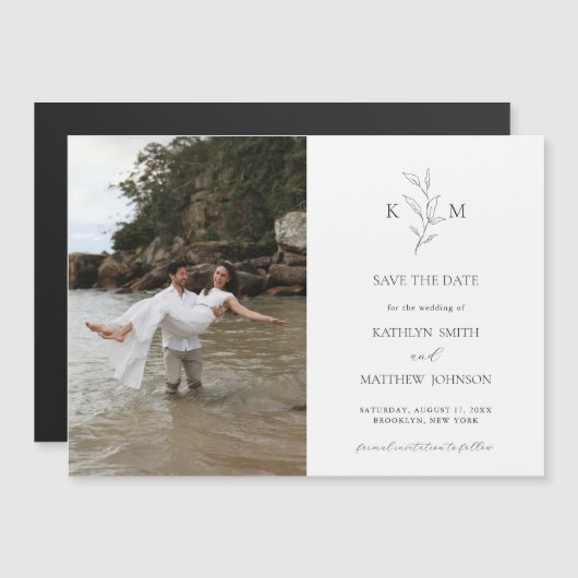 ミニマルなモノグラムオリーブの葉の日付を保存 マグネット招待状 (正面/裏面)