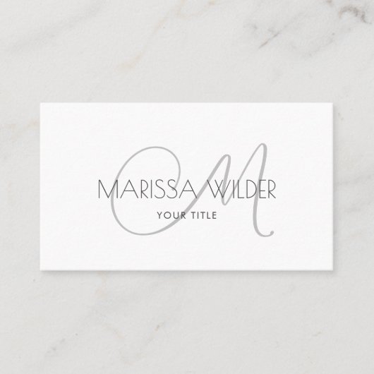 ミニマルなモノグラムグレーの白いスクリプト 名刺 (正面)