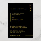 ミニマルなモノグラムブラック結婚フォトの金ゴールド 箔招待状 (正面)