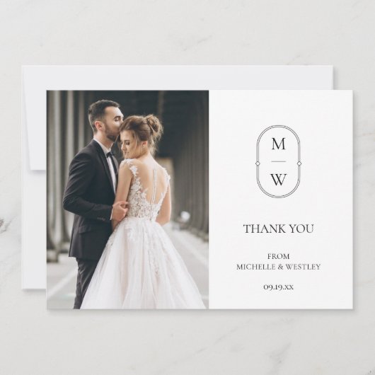 ミニマルなモノグラムブラック&ホワイト結婚の写真 サンキューカード (正面)