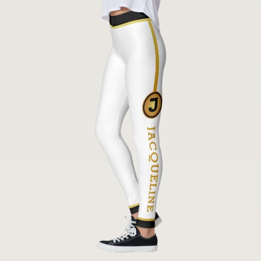 ミニマルなモノグラム白フェイク黒金ゴールドと名前 レギンス (左)