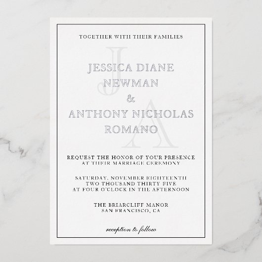 ミニマルなモノグラム結婚フォトの箔招待状 箔招待状 (正面)