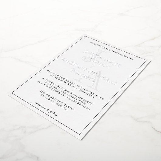 ミニマルなモノグラム結婚フォトの箔招待状 箔招待状 (回転した状態)