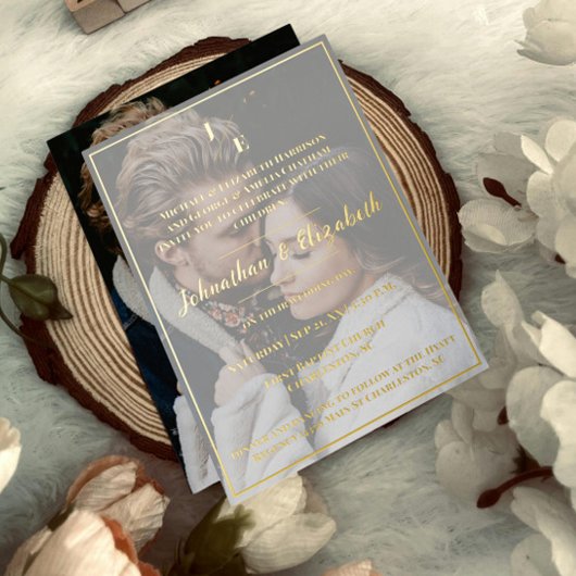 ミニマルなモノグラム結婚フォトの箔招待状 箔招待状