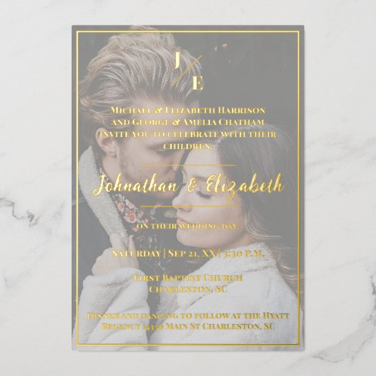 ミニマルなモノグラム結婚フォトの箔招待状 箔招待状 (正面)