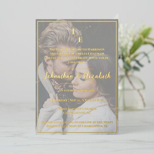 ミニマルなモノグラム結婚フォトの箔招待状 箔招待状 (立ち正面)