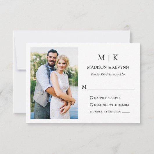 ミニマルなモノグラム結婚写真のQRコード 出欠カード (正面)