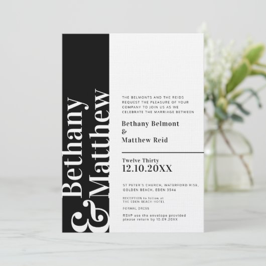 ミニマルなモノ白黒グラフィック結婚文字 招待状 (スタンド正面)