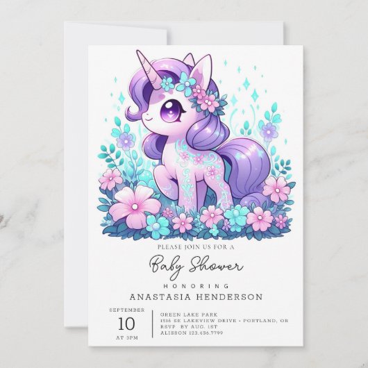 ミニマルなユニコーン赤ちゃんシャワー 招待状 (正面)