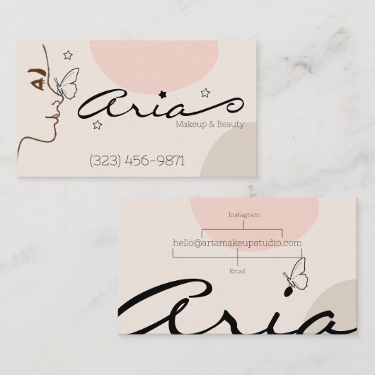 ミニマルなラインアートバタフライメイクアップアーティスト 名刺 (正面/裏面)