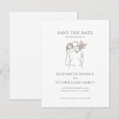 ミニマルなラインアートロマンチックなカップルと花 セーブザデート (正面/裏面)