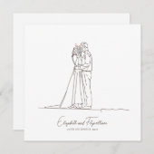 ミニマルなラインアートロマンチックなカップルと花 招待状 (正面/裏面)