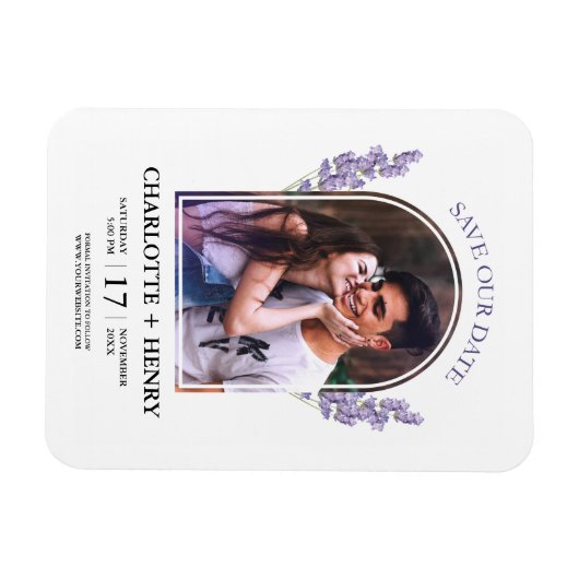 ミニマルなラベンダーウェディング日付写真を保存 マグネット (横)