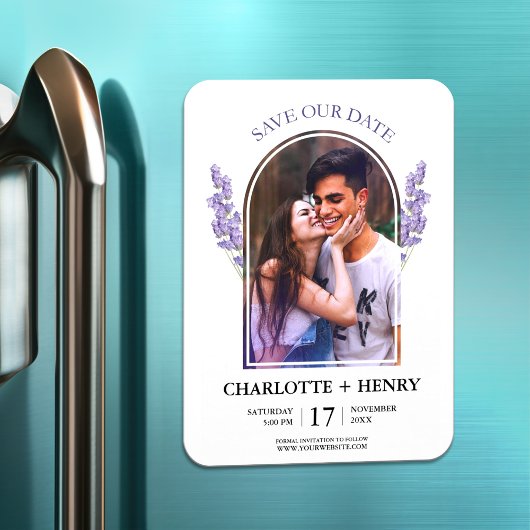 ミニマルなラベンダーウェディング日付写真を保存 マグネット