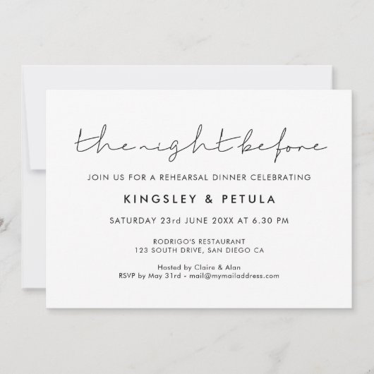 ミニマルなリハーサルのディナーの前の夜 招待状 (正面)