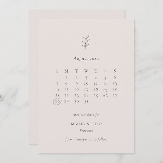 ミニマルなリーフピンク黒のカレンダー日付を保存 セーブザデート (正面/裏面)