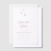 ミニマルなリーフモノグラム結婚式の日付を保存 ベラム紙招待状 (オフセット)