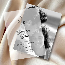 ミニマルなリーフモノグラム結婚式の日付を保存 ベラム紙招待状