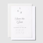 ミニマルなリーフモノグラム結婚式の日付を保存 ベラム紙招待状 (オフセット)